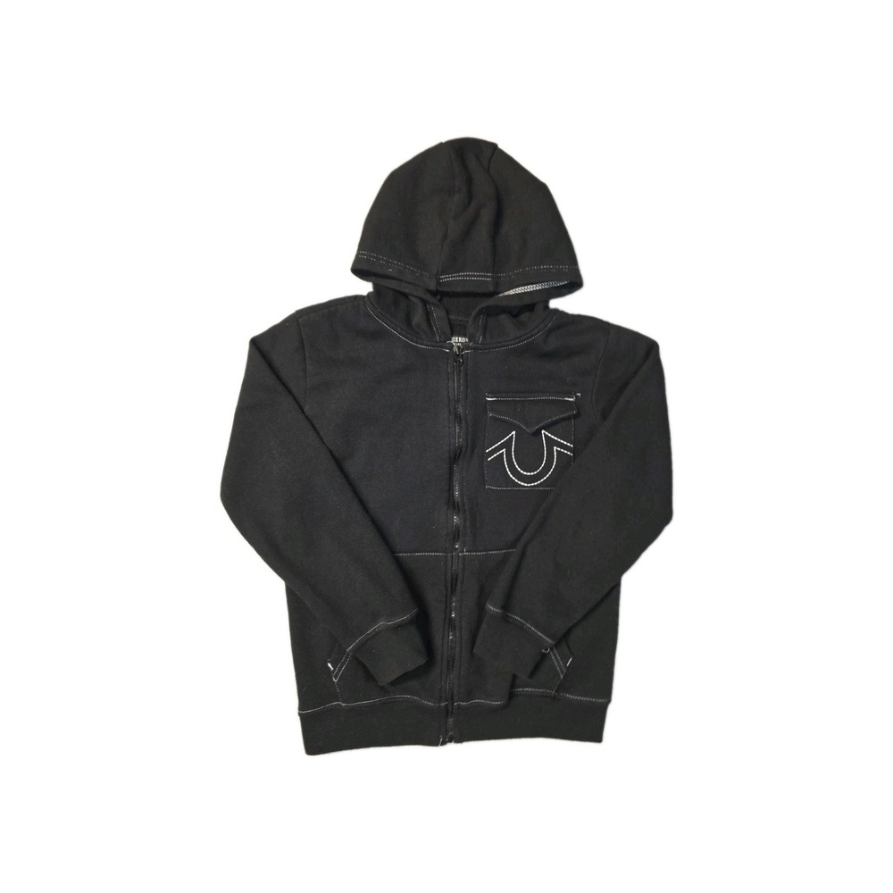 True Religion Boys Black Contrast Stitch Full Zip Hoodie Sweatshirt Size M 10/12